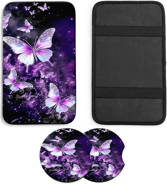 JANENFNA Car Armrest Cover Pads Universal Fashion Cute Auto Center Console Armrest Cover Pad with 2PCS Car Coasters Soft Waterproof Car Armrest Seat Protector for Women,Purple Butterflies