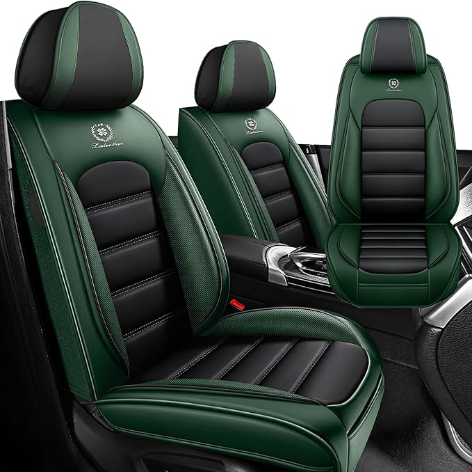 Iceleather Car Seat Covers for Ford Edge 2007-2025,Waterproof Soft Breathable PU Leather Seat Cover with Storage Pockets(Black&Green,Front Set)