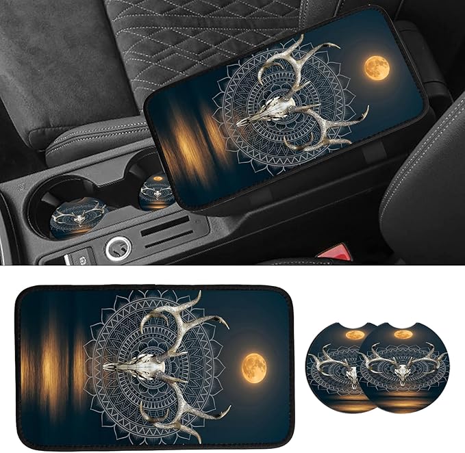 JANENFNA Car Armrest Cover Pads Universal Fashion Cute Auto Center Console Armrest Cover Pad with 2PCS Car Coasters Soft Waterproof Car Armrest Seat Protector for Women,Deer Buck Skull
