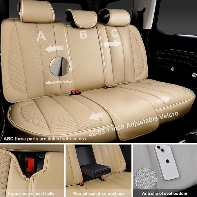 CAR PASS Nappa Leather Car Seat Covers Full Set Waterproof Protector Durable Cushioned,Universal Fit for Sedan SUV Pick-up Truck,Automotive, Anti-Slip and Backseat Luxury Premium (Light Beige)