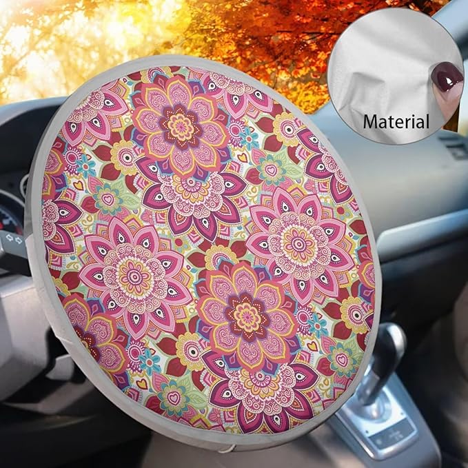 Mandala Steering Wheel Sun Cover 17 Inch Easy to Install Car Rudder Sun Heat Shield Foldable Vehicle Steering Wheel Vehicle UV Reflector Summer Essential Gift for Friends