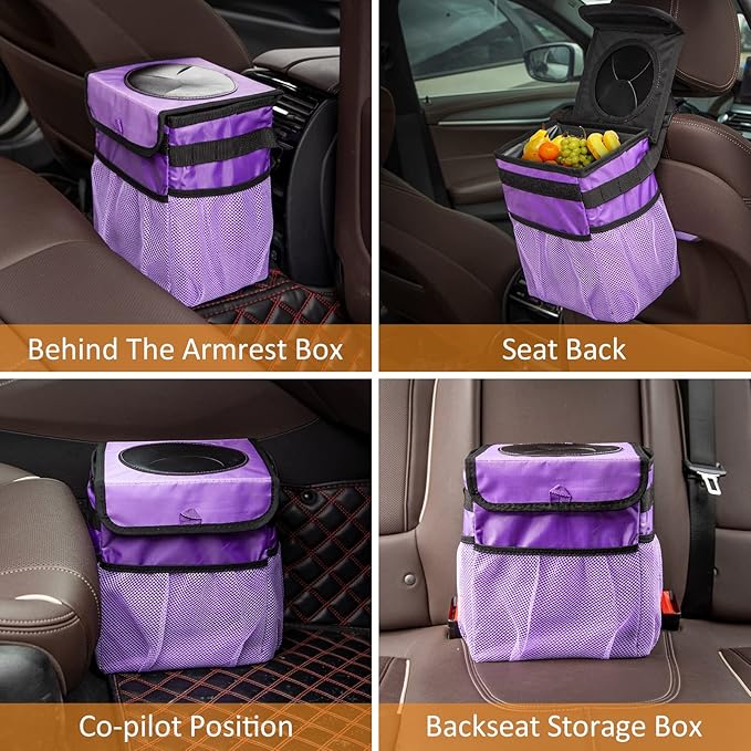 GPUSFAK Car Trash Can Foldable Garbage Bin Leakproof 2.3 Gallons Car Trash Bag Purple