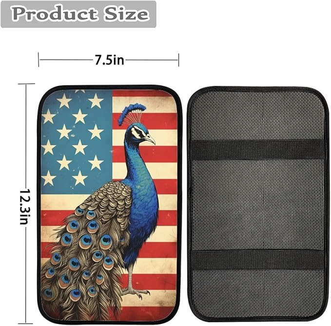 Car Center Console Pad, Universal Waterproof Car Armrest Seat Box Cover, Car Interior Accessories for Most Vehicle SUV Truck Vintage American Flag Peacock Car Armrest Pad