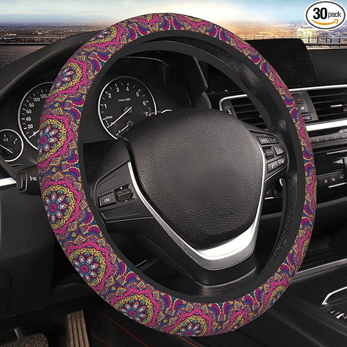 Purple Boho Auto Car Mandala Steering Wheel Cover Universal 15 Inch Neoprene Interior Decor Protection Accessories