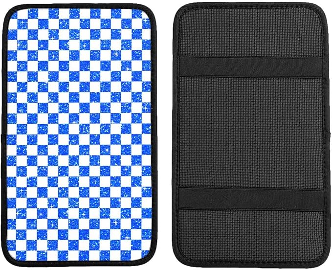 Glitter Blue White Checkered Chessboard Flag (2) Car Armrest Pad Cute Cars Center Console Cover Auto Handrail Box Cushion Armrests Cover