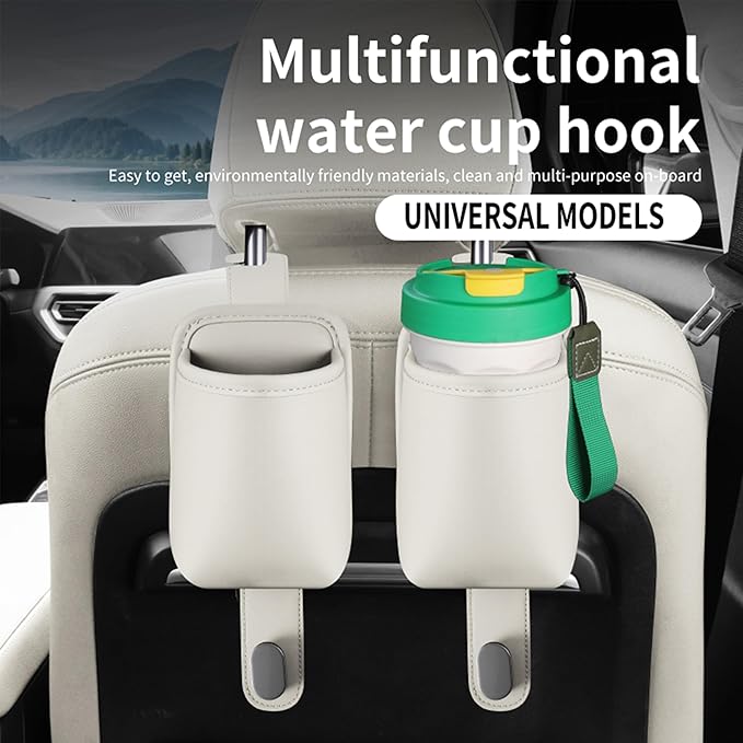 2-Pack Car Seat Back Cup Holder Organizer, Faux Leather Car Cup Holders with Hooks, Universal Backseat Storage for Drinks, Bottles & Travel Accessories (White)