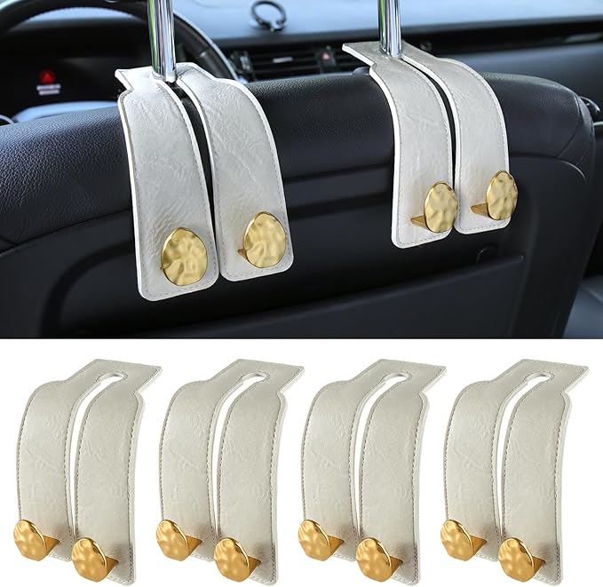 URIZZD 4 PCS Leather Car Seat Hooks for Headrest, Vehicle Hanger Storage Organizer Universal for Handbag Purse, Car Accessories Gift (White-Gold-4 PCS)