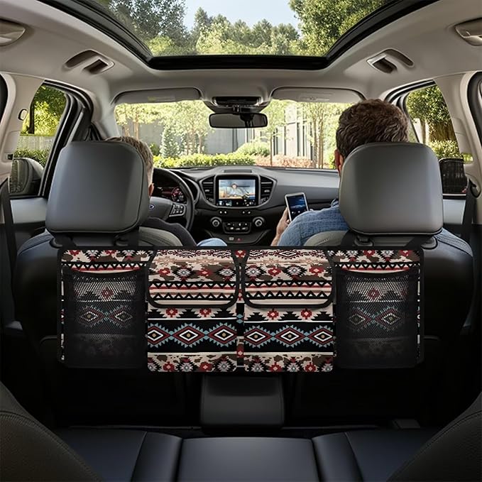 Tribal Aztec Pattern Car Trunk Organizer, Large Capacity Backseat Trunk Organizer with Adjustable Straps, Backseat Hanging Car Storage Organizer Foldable Cargo Storage