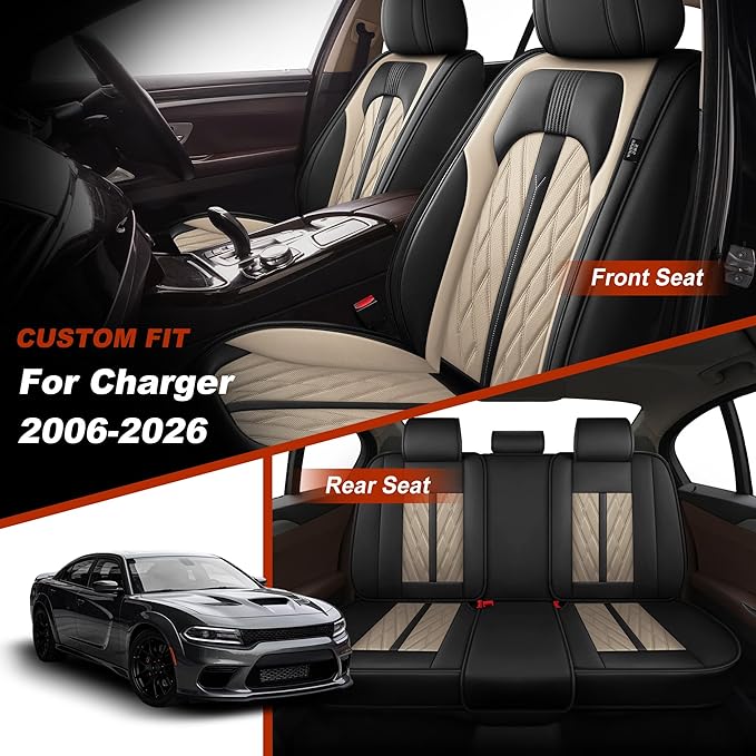TTX LIGHTING Seat Covers Fit for Dodge Charger 2006-2026 Seat Covers Full Set Car Seat Covers Faux Leather Breathable Waterproof Car Seat Protector (5 Seats, Black&Beige)