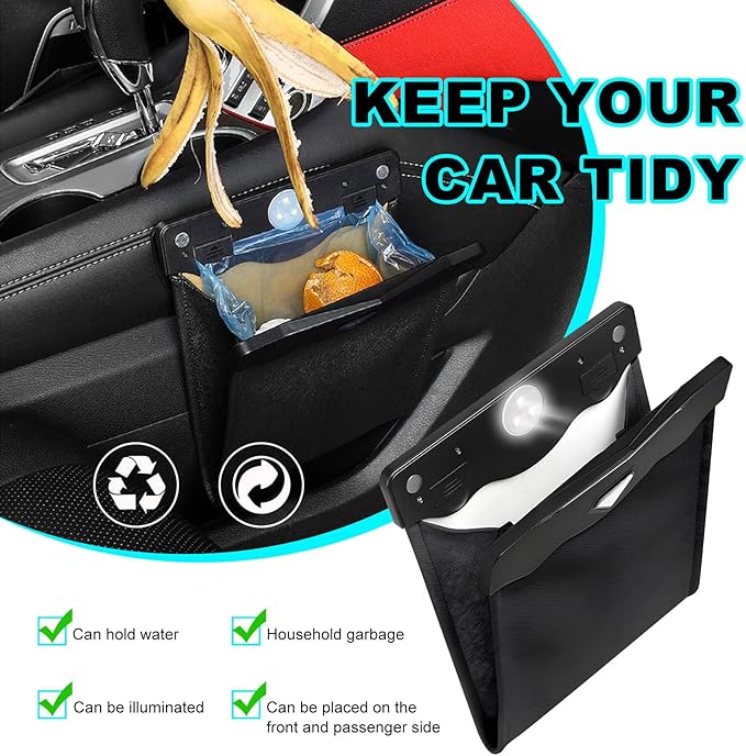 Car Hanging Trash Can, Magnetic Closure LED Light Auto Trash Bag Storage Pocket, Collapsible Waterproof Leather Hanging Trash Can with Disposable Trash Bag, Car Accessories (Black)