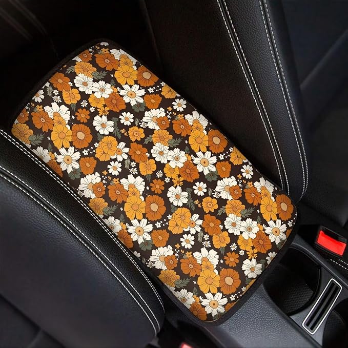 Mintutlipy Hippie Flower Orange Car Center Console Cover Car Armrest Cushion Cover Universal Car Accessories Compatible with Most Cars