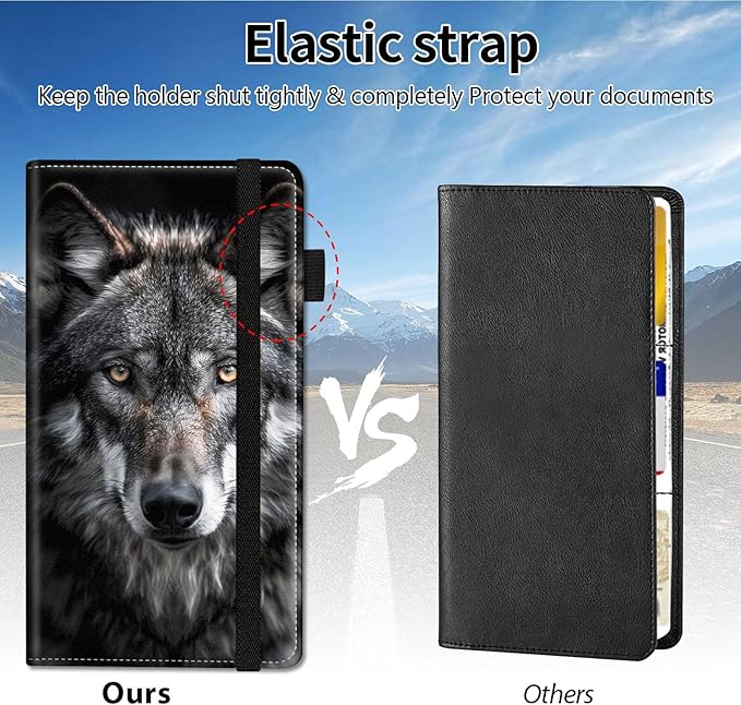 Qindaiwen Car Registration and Insurance Holder, Vehicle Card Document Elastic Band Closure Glove Box Organizer, Driver License Cards, Car Accessories for Essential Info, Grey Wolf 03
