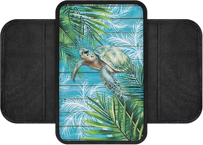 Dreaweet Tropical Leaf Print Car Armrest Cover Sea Turtle Car Accessories Center Console Cover with Pockets,Soft Arm Rest Cover for Car SUV Truck Sedan Van