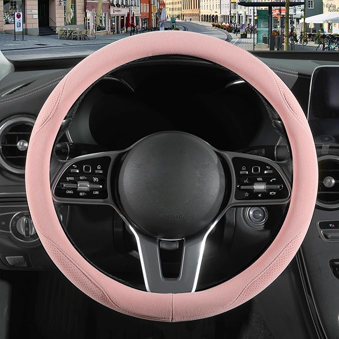 14 inch Pink Suede Steering Wheel Cover, Breathable Non-Slip Sweat-Proof Wear-Resistant No Pilling, Warm in Winter and Cool in Summer