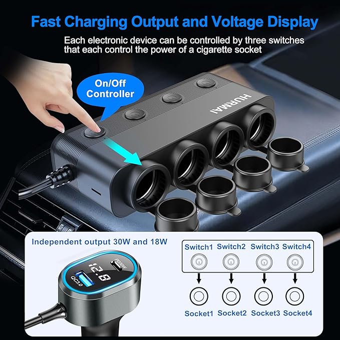 8 in 1 Cigarette Lighter Splitter,264W 4 Socket Car Cigarette Lighter Adapter,Type-C QC3.0 PD 30W Charging,Heavy Duty Truck Car USB Chager Multi Plug Outlet 12V/24V Independent Switches,LED Voltmeter