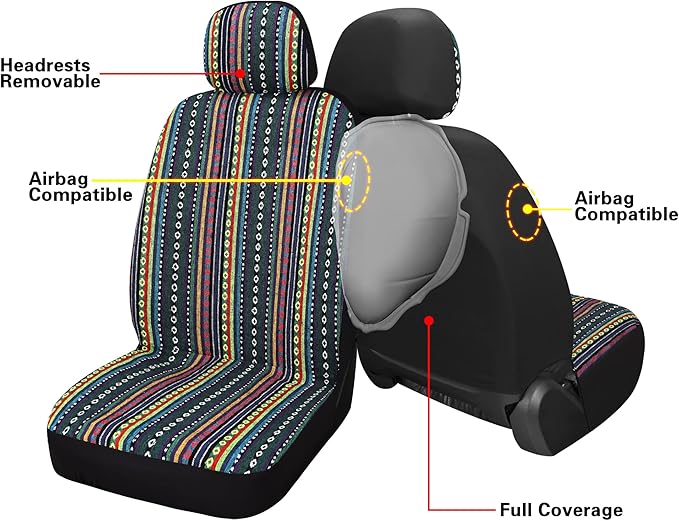 HAIYAOTIMES Baja Saddle Blanket Car Seat Covers Full Set with Seat Belt Pads, Washable Breathable Seat Covers for Cars, Universal Fit Interior Covers for Most Cars, Airbag Compatible, Red/Blue