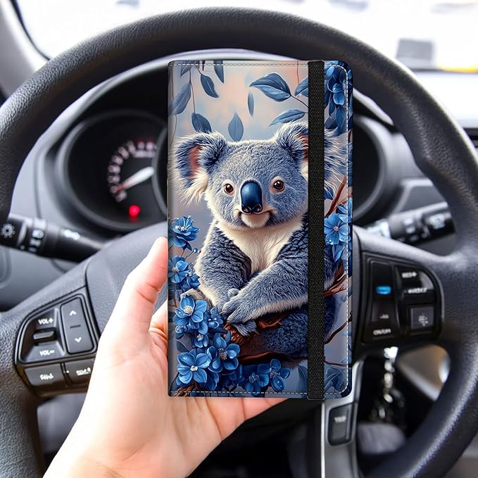 Tudguiloae Car Registration and Insurance Card Holder, Trunk Document Holder Organizer, Essential Vehicle Glove Box Organizer PU Leather Wallet for Driver,Blue Flower Koala