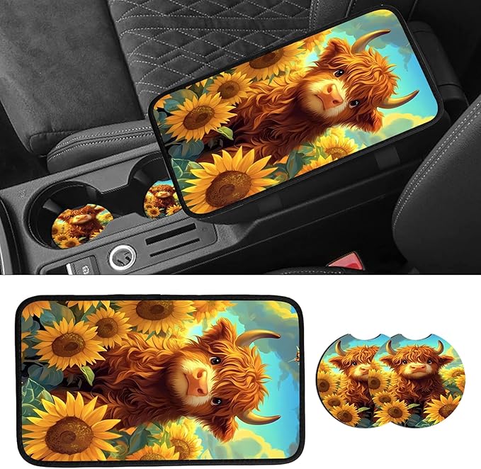 JANENFNA Car Armrest Cover Pads Universal Fashion Cute Auto Center Console Armrest Cover Pad with 2PCS Car Coasters Soft Waterproof Car Armrest Seat Protector for Women,Sunflower Highland Cow