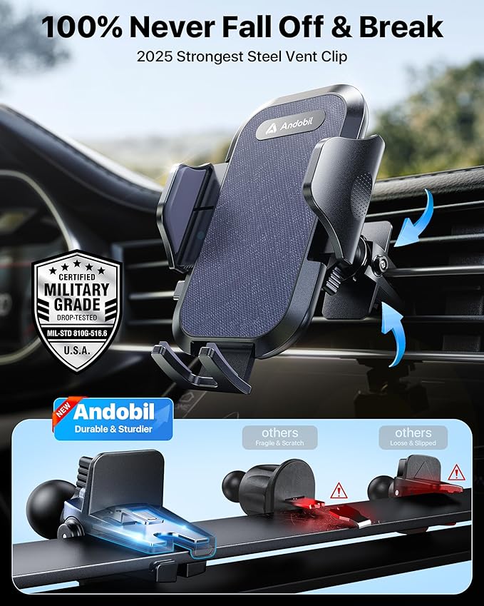 andobil Car Phone Holder, 2026 Military-Grade 89lbs Strongest Suction Phone Holders for Your Car Dashboard/Windshield/Vent Easy Clamp Cellphone Holder Truck Stand for iPhone 17 16 15 Pro Max, Blue