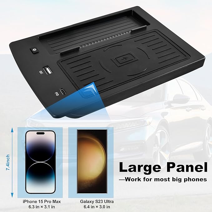 Fast Wireless Charger for Honda Accord 2018-2022, Car Wireless Charging Panel with USB-A USB-C Center Console Organizer for 2018 2019 2020 2021 2022 Honda Accord Accessories