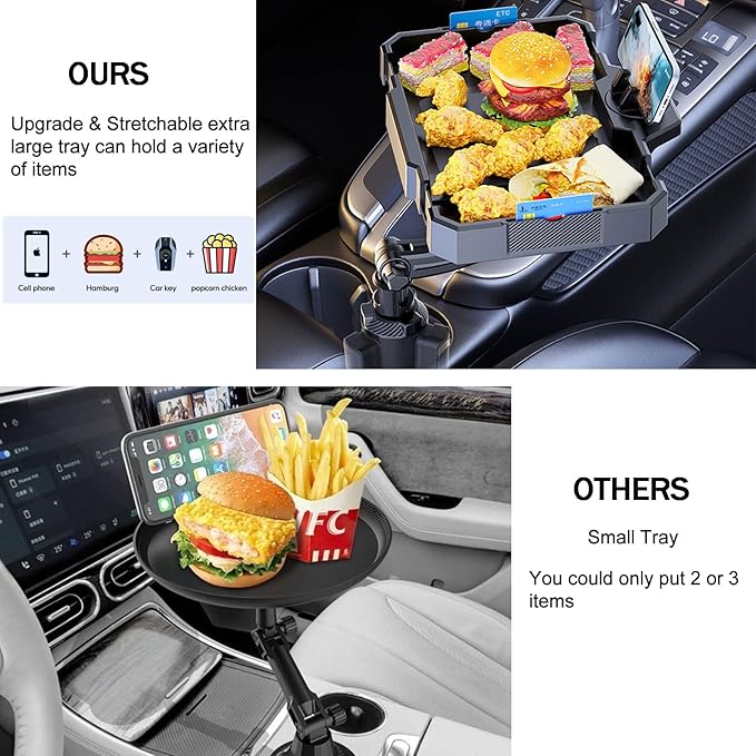 Larger Car Cup Holder Tray, 9~11 inch Expandable Car Food Tray for Eating Hamburger/Snacks, Car Travel Cup Coffee Table Stand 360° Rotating Tray Table with Phone Holder, Road Trip Essentials
