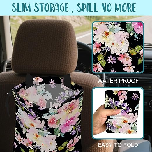 KXWQTRDD Car Trash Bag Watercolor Pink Flowers Leak-Proof Waterproof Car Garbage Bag with Drawstring Foldable Canvas Trash Bin with Adjustable Buckle for Car Accessories, Travelling, Camping