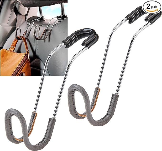 High Road Car Hooks for Purses and Bags with Leather Trim - Unbreakable Headrest Car Hooks for Large Purse Straps and Heavy Bags up to 40 lbs - Secure Attachment Loops Fit All Headrest Posts, 2-Pack