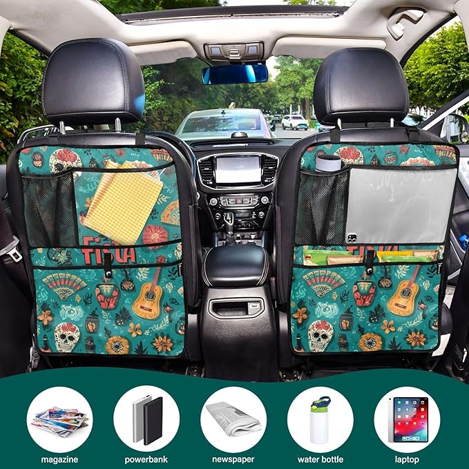 2 Pack Back Seat Car Organizer with Storage Pockets Kick Mats Back Seat Protector Hanging Car Organizer Automotive Seat Back Cover Organizers Fiesta Mexican Green Skulls Guitars Flowers