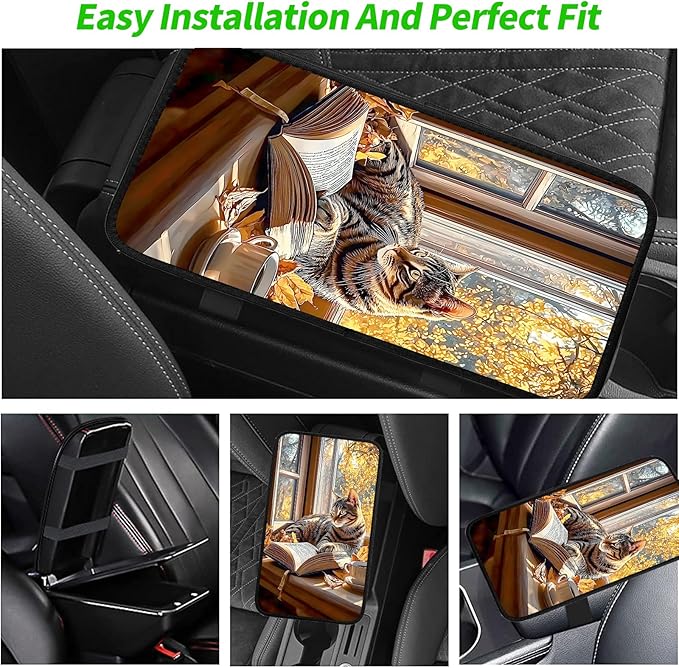 JANENFNA Car Armrest Cover Pads Universal Fashion Cute Auto Center Console Armrest Cover Pad with 2PCS Car Coasters Soft Waterproof Car Armrest Seat Protector for Women,Cat Reading by Window