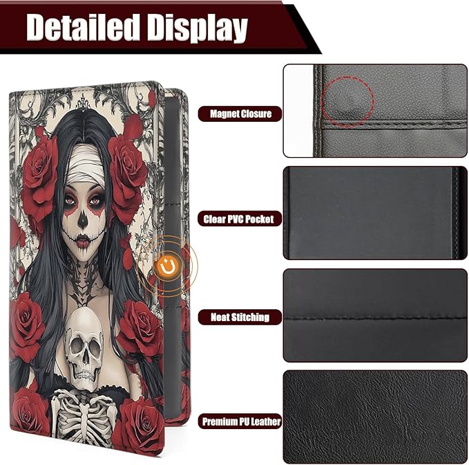 Car Registration Holder, PU Leather Vehicle Glove Box Organizer for Driver License, Document, Car Insurance Holder with Magnetic Shut, Auto Paperwork Wallet Accessories, Halloween Sugar Skull Girl