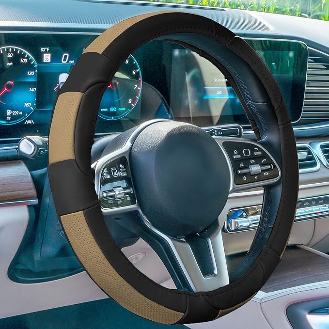FH Group Universal Fit Deluxe Full Grain Authentic Leather Steering Wheel Cover Fits Most Cars, SUVs Beige Black