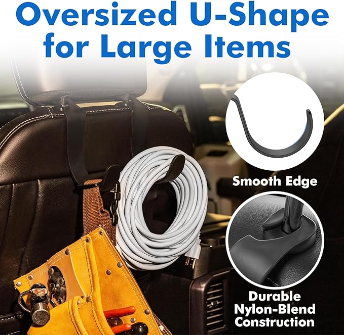 Travel Depot XL Headrest Hooks for Car, Heavy-Duty Car Seat Hooks for Backseat Purses, Bags & Groceries, Universal Headrest Organizer, Hard Hat Hanger for Truck, 4Pack