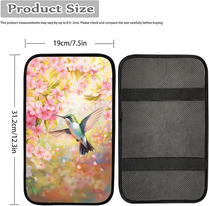 Hummingbird Cherry Blossom Car Center Console Cover,Auto Armrest Storage Box Mat Universal for Most Vehicle,SUV,Truck,Cars
