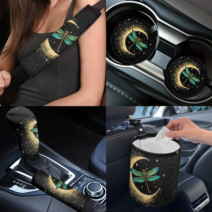 Dngkaoje Moon Dragonfly Car Seat Covers Full Set 13 Pcs Universal Car Interior Accessories Black Moon Dragonfly Steering Wheel Covers Armrest Pads Handbrake Gear Cover,Fit for Most Truck SUV