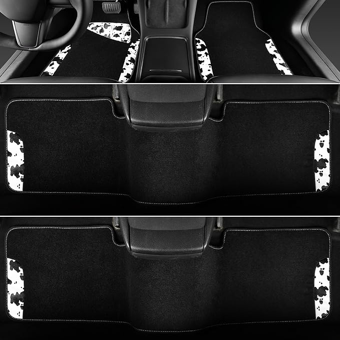 CAR PASS Waterproof Universal 3 Row Car Floor Mats, Cow Print Car Mats Fit for SUV,Vans,sedans, Trucks,Set of 3 Row Vehicles Car Carpet with Heel Pad and Nibs Backing, Cute Women Girly (Black White)