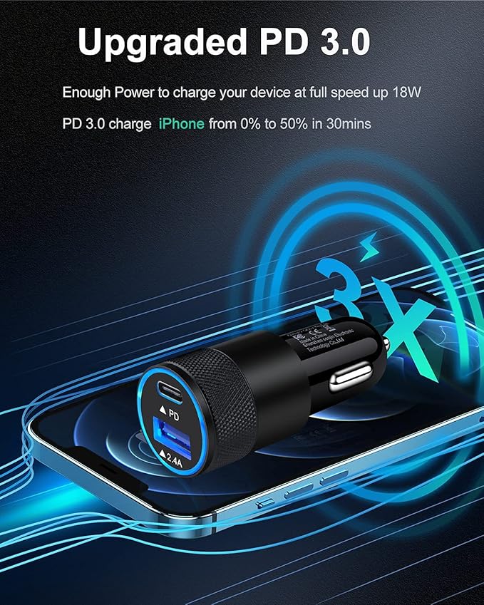 AILKIN 30W PD USB C Car Charger, USB Type C Fast Power Charging Block Dual Port USBA & USBC Plug Cargador Carro Lighter Adapter for iPhone, iPad, Samsung Galaxy, LG, Google Pixel, Moto, USB-C Port