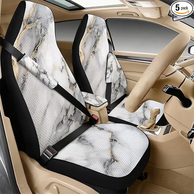 Psesaysky White Marble 2PCS Leather Car Seat Covers for Front Seats + 2 Seat Belt Covers + 1 Armrest Cover, Universal Fit for Cars Trucks SUVs (5PCS Full Set)