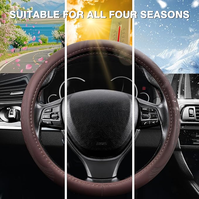 【2025 Model】 Breathable Soft Leather Car Steering Wheel Cover for Men Women, Non-Slip, Comfortable,Universal 15 inches Steering Wheels, Brown