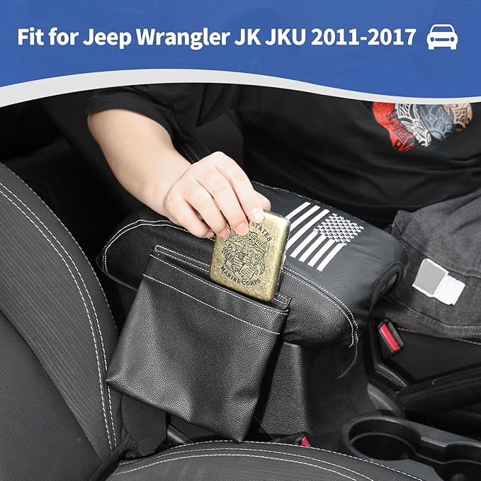 RT-TCZ Center Console Armrest Cover for Jeep Wrangler JK JKU 2011–2017, Black Leather Armrest Pad Protector with Storage Pocket, Scratch-Resistant & Waterproof, American Flag