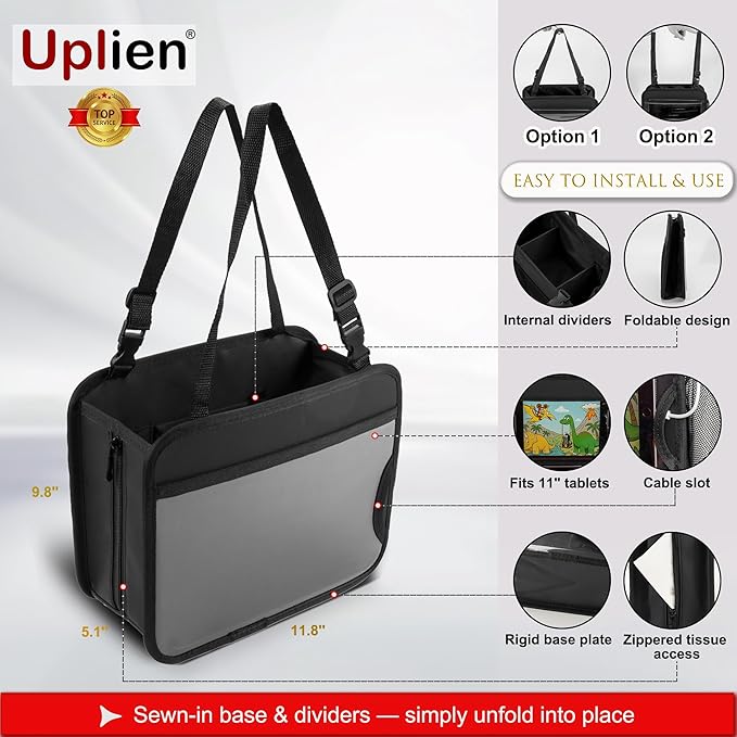Uplien Car Organizer Bag for Back Seat Front Seat or Between Seats Premium PU Leather Hanging Storage Caddy with Tablet Holder Tissue Box Cup Bottle Holders Mesh Pockets for Kids Adults