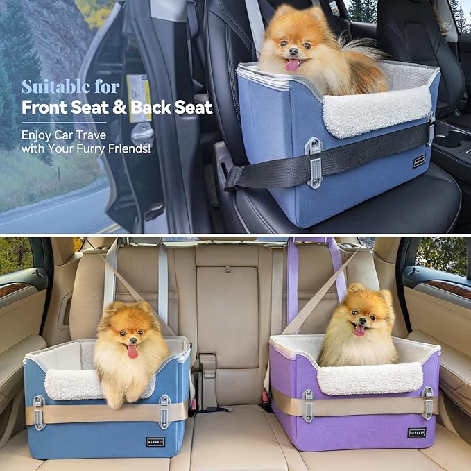 PETSFIT Dog Car Seats for Small Dogs–Patented Safety Buckles–Safety Tether–Foldable Travel Dog Booster Car Seat Reduces Anxiety & Road Trips–Stable Frame, Soft Cushion, Fits Front/Back Seat(Navy Blue)