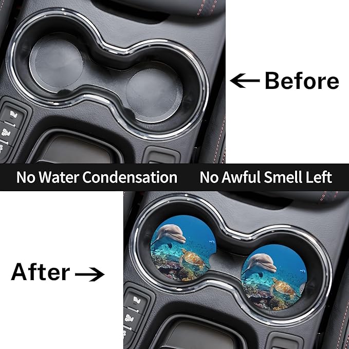 HUWAAI Dolphin Turtle Reef Ocean Car Cup Holder Coasters 2 Pack Universal 2.63 Inch Anti Slip Ceramic Absorbent Coaster with Cork Base and Finger Notch Cute Car Accessories Interior for Women