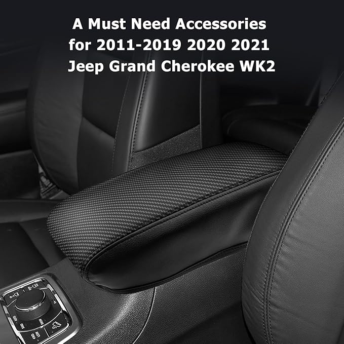 LUWU Grand Cherokee Center Console Cover Compatible with 2011-2021 Jeep Grand Cherokee Accessories Grand Cherokee WK2 Armrest Console Cover Armrest Cover Center Console Pad Soft Leather Black