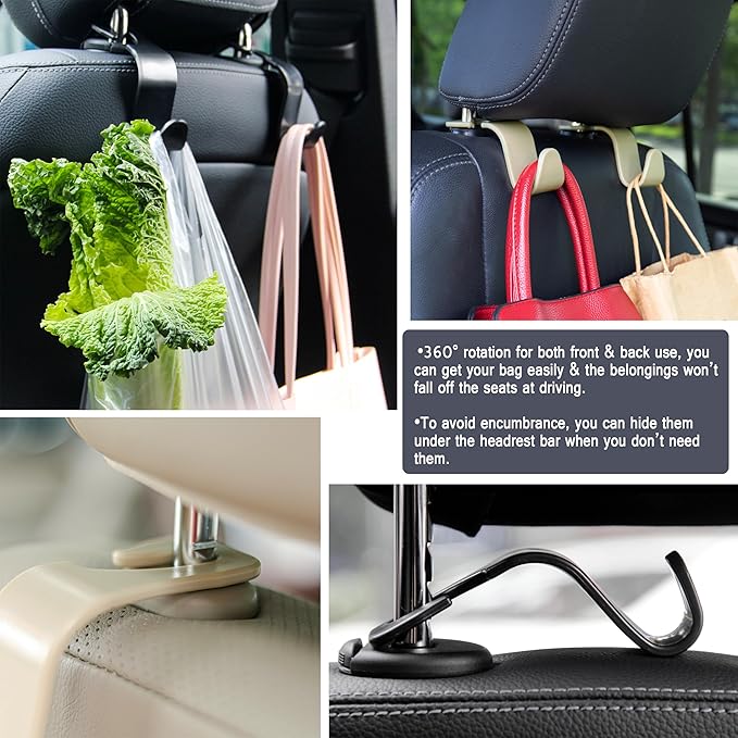 Amooca Universal Multifunctional Car Vehicle Headrest Hook, Organizer Hanger Storage Hook for Bag Purse Cloth Grocery (Beige Set of 4)