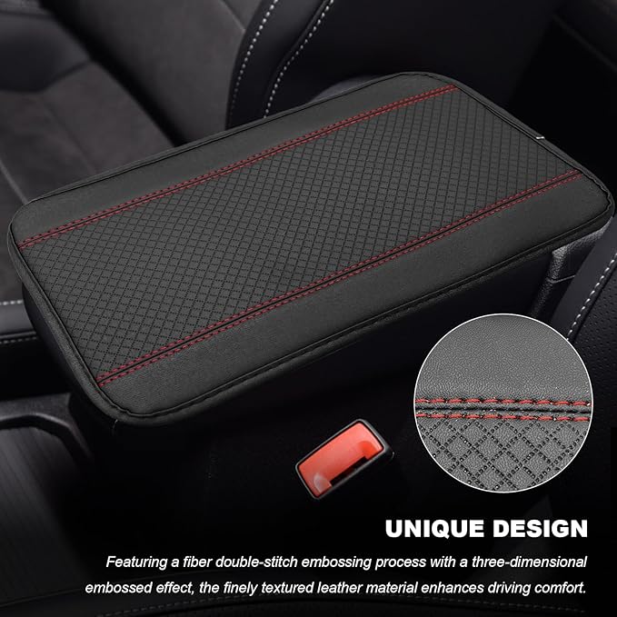 Car Armrest Storage Box Mat, Leather Embossing Auto Center Console Cushion Protective Pad, Anti-Scratch Waterproof Armrest Seat Box Protector for Most Cars Trucks SUVs (Black & Red)