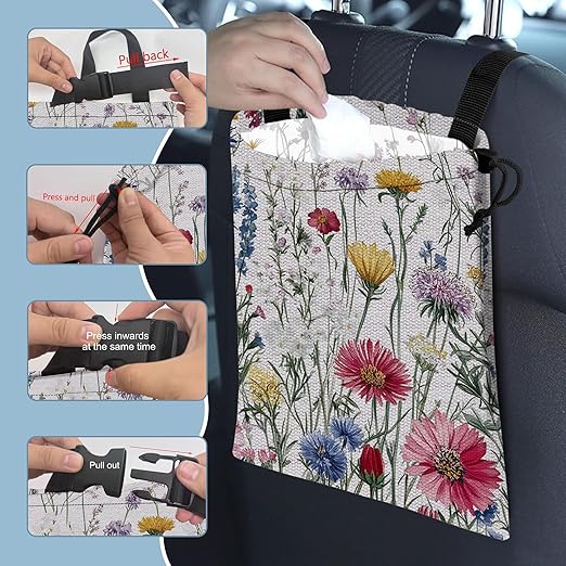Watercolor Wildflowers Car Garbage Bag,Small Car Trash Bag Hanging Back of Seat,Drawstring Car Trash Bag with Adjustable Buckle,Car Accessories for Camping Travelling