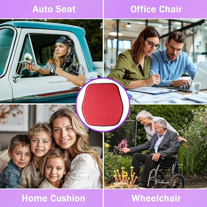 Thin Premium Gel Seat Cushion for Car Seat, Office Chair, Wheelchair, Golf Cart - Non-Slip Car Seat Cushions with 0.7 Inch Gel - Sciatica & Coccyx Pain Relief (Suede, Red)
