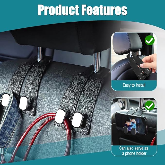 Liqqlex 2 Pcs Car Hooks for Headrest Leather and Metal Material, Universal Car Seat Hooks for Purses and Bags, Easy Install, Back Seat Organization, Suitable for SUVs, Sedans, and Minivans