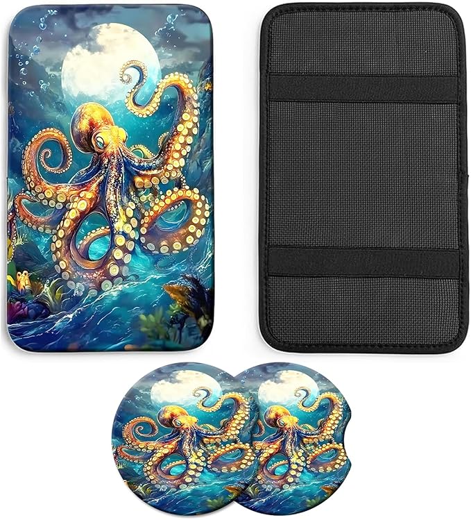 JANENFNA Car Armrest Cover Pads Universal Fashion Cute Auto Center Console Armrest Cover Pad with 2PCS Car Coasters Soft Waterproof Car Armrest Seat Protector for Women,Fierce Octopus