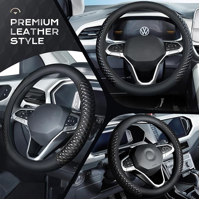 Coverado Car Steering Wheel Cover, Nappa Leather Black Steering Wheel Covers, Universal 14-15 inch, Anti-Slip, Breathable Steering Wheel Protector for Women Men